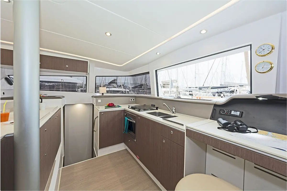 Galley of Golden Waters, a Bali 4.1 catamaran at Port of Avdira, Greece