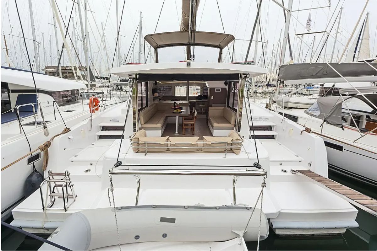 Deck of Golden Waters, a Bali 4.1 catamaran at Port of Avdira, Greece