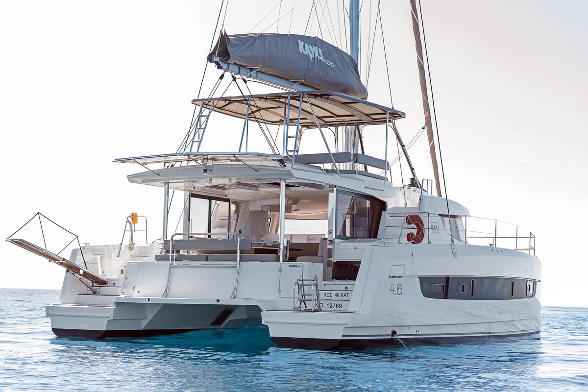 Exterior view of Kos 46.Cat, a Bali 4.6 catamaran at Athens, Greece