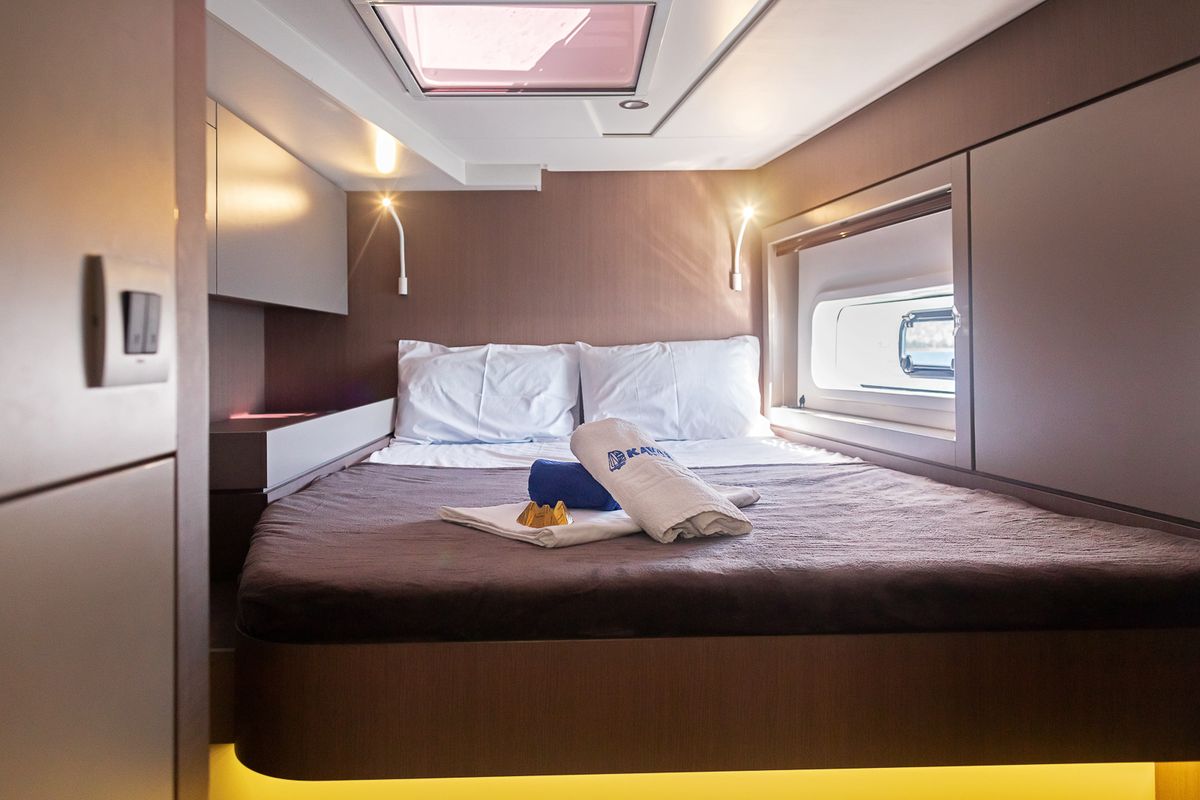 Cabin on Kos 46.Cat, a Bali 4.6 catamaran at Athens, Greece