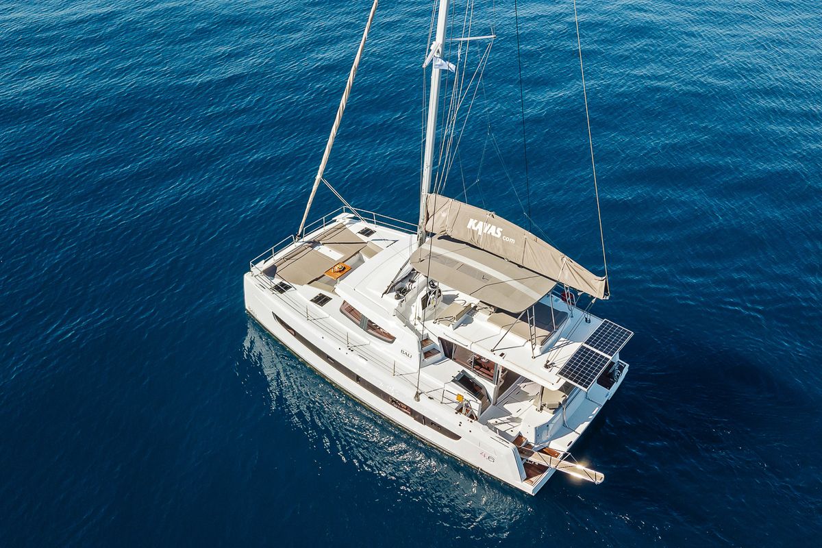 Exterior view of Kos 46.Cat, a Bali 4.6 catamaran at Athens, Greece