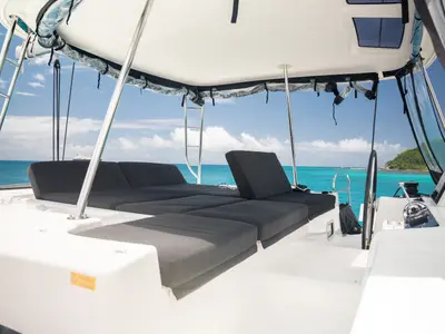 Deck of YUKI, a Lagoon 46 catamaran at Eden Island Marina, Seychelles