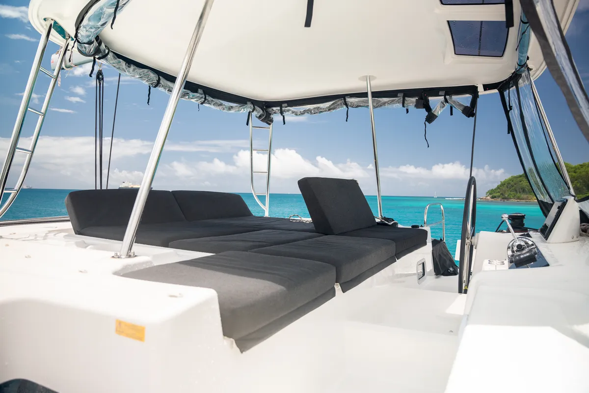Deck of YUKI, a Lagoon 46 catamaran at Eden Island Marina, Seychelles
