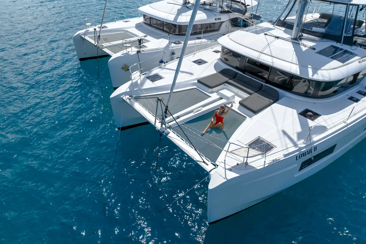 Exterior view of YUKI, a Lagoon 46 catamaran at Eden Island Marina, Seychelles