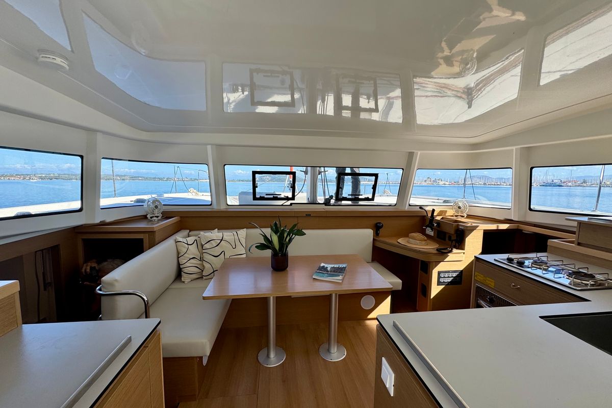 Salon of HELLENIC BREEZE, a Excess 11 catamaran at Preveza, Greece