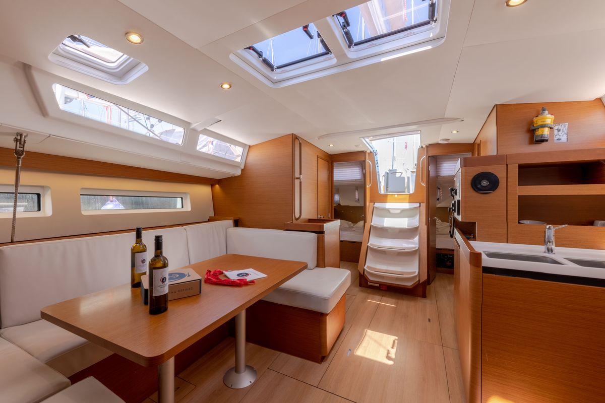 Salon of Mare Mia, a Jeanneau Sun Odyssey 490 sailboat at Marpissa, Greece