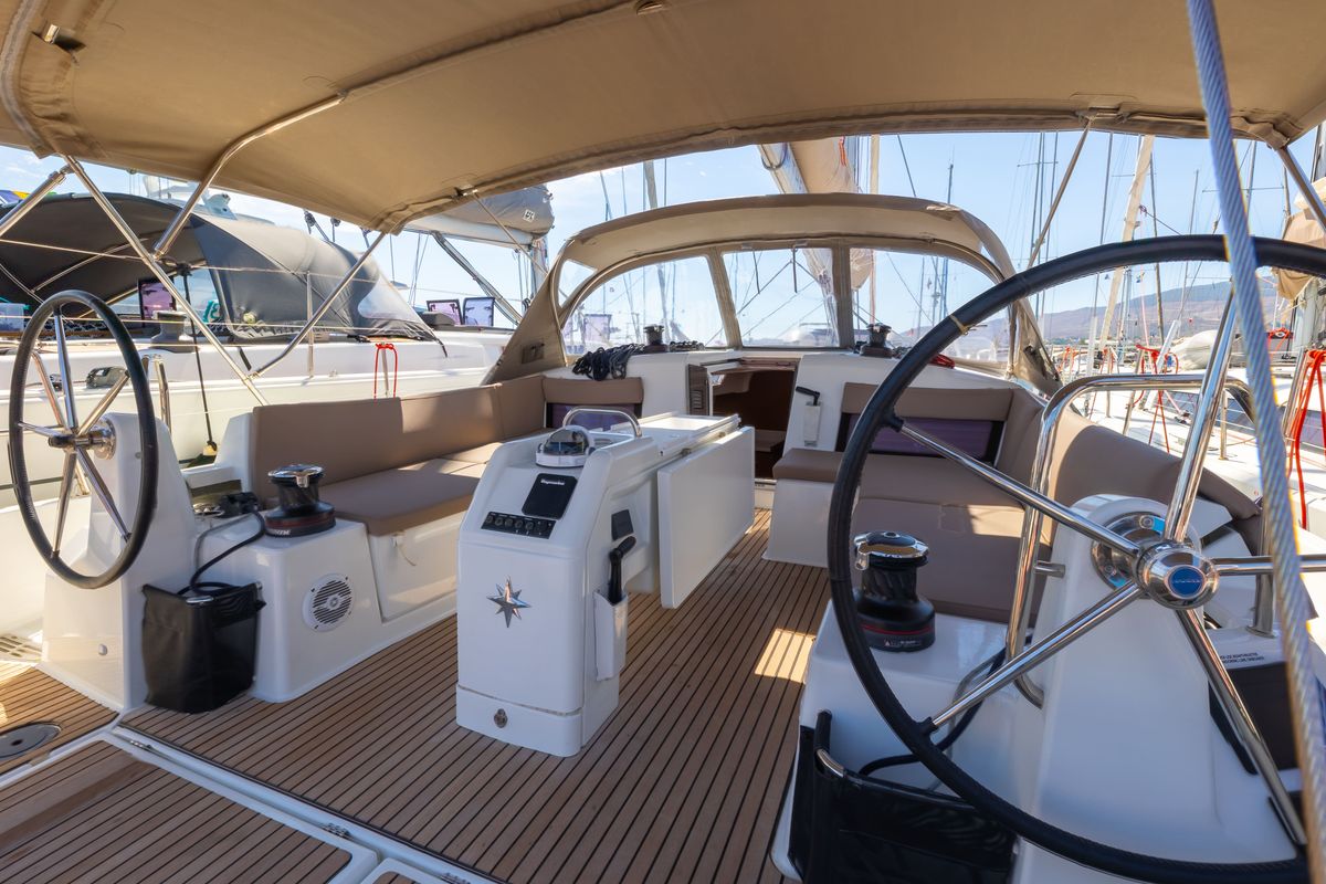 Cockpit of Mare Mia, a Jeanneau Sun Odyssey 490 sailboat at Marpissa, Greece