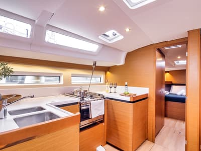 Galley of Mare Mia, a Jeanneau Sun Odyssey 490 sailboat at Marpissa, Greece