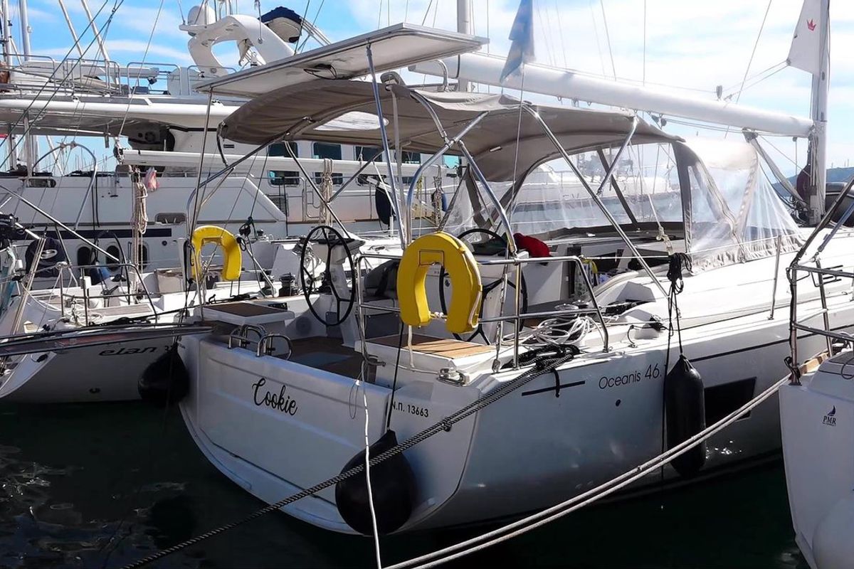Exterior view of Cookie, a Beneteau Oceanis 46.1 sailboat at Preveza, Greece