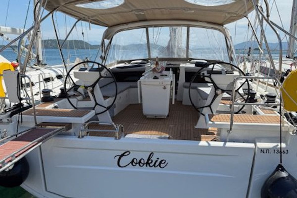 Cockpit of Cookie, a Beneteau Oceanis 46.1 sailboat at Preveza, Greece