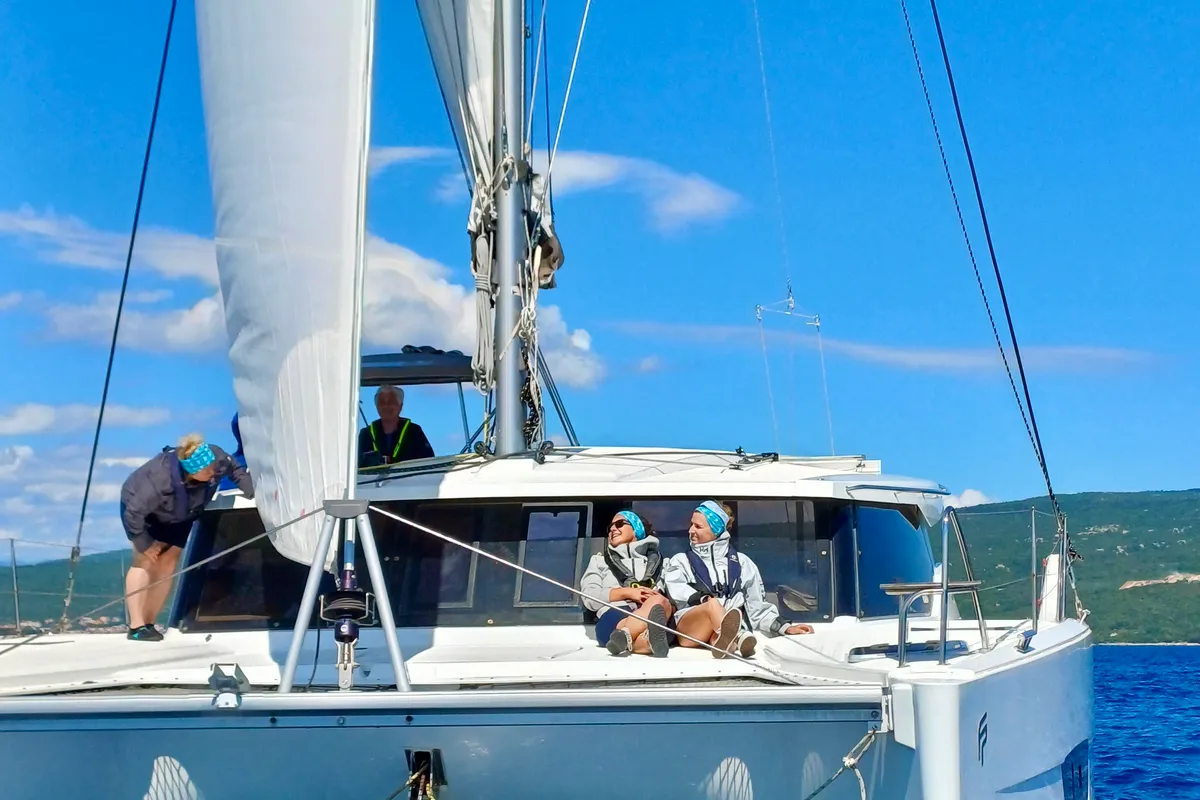 Exterior view of Stella Luna, a Fountaine Pajot Lucia 40 catamaran at Punat, Croatia