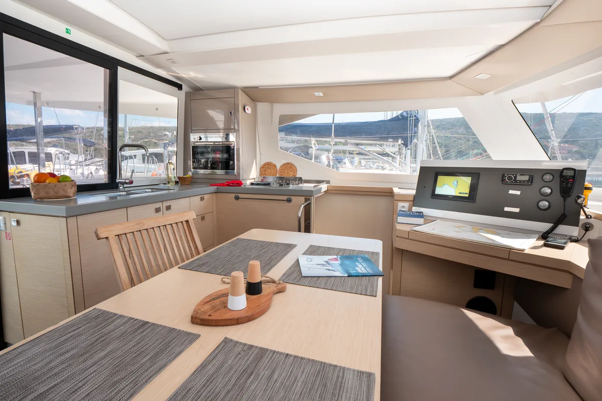 Salon of Stella Luna, a Fountaine Pajot Lucia 40 catamaran at Punat, Croatia