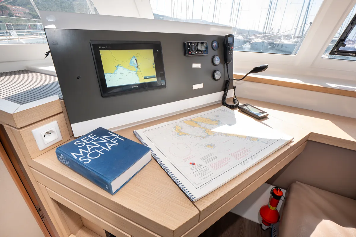 Salon of Stella Luna, a Fountaine Pajot Lucia 40 catamaran at Punat, Croatia