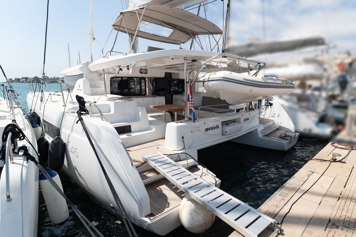 Exterior view of Spezielli, a Lagoon 46 catamaran at Felanitx, Spain