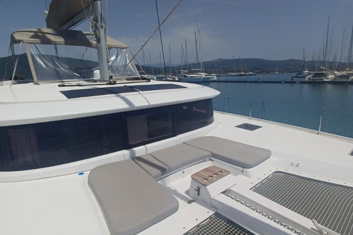 Deck of Dos Hermanos, a Lagoon 46 catamaran at Municipal Unit of Lefkada, Greece