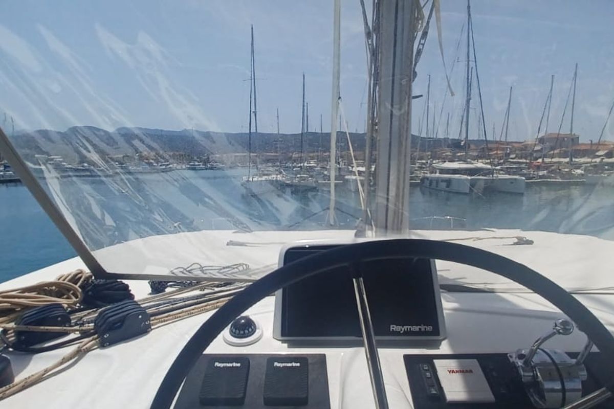 Cockpit of Dos Hermanos, a Lagoon 46 catamaran at Municipal Unit of Lefkada, Greece