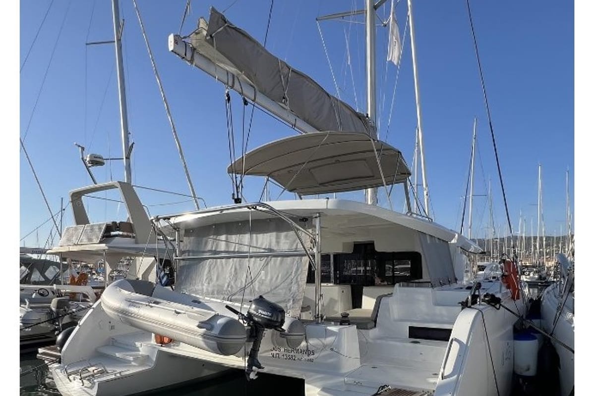 Exterior view of Dos Hermanos, a Lagoon 46 catamaran at Municipal Unit of Lefkada, Greece