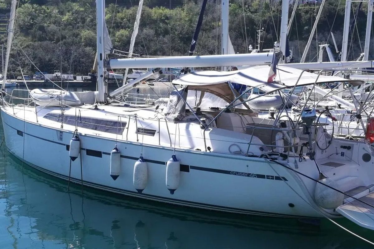 Exterior view of Blue Moon, a Bavaria Cruiser 46 sailboat at Agropoli, Italy