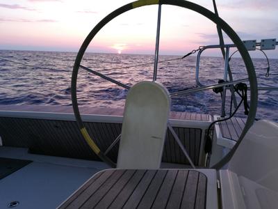 Cockpit of Blue Moon, a Bavaria Cruiser 46 sailboat at Agropoli, Italy