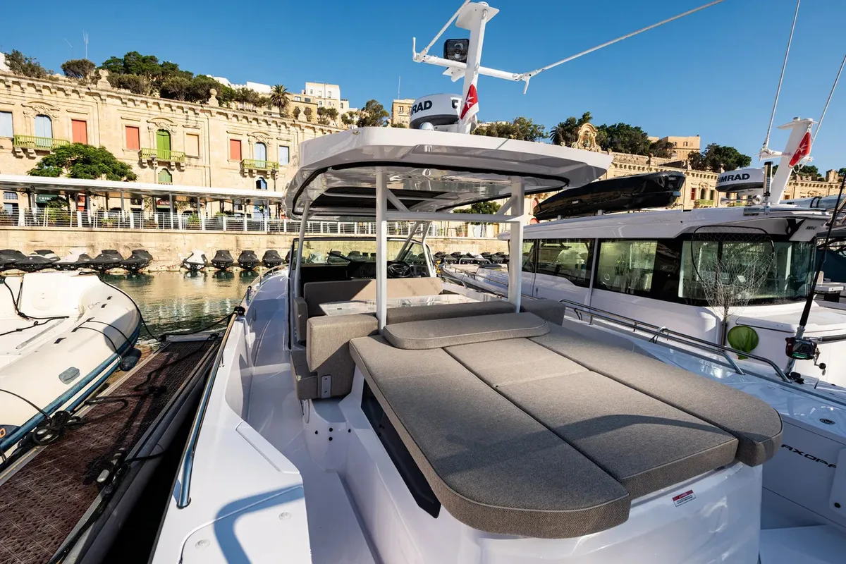 Deck of Nautiful, a Axopar 37  Sun Top motorboat at Floriana, Malta