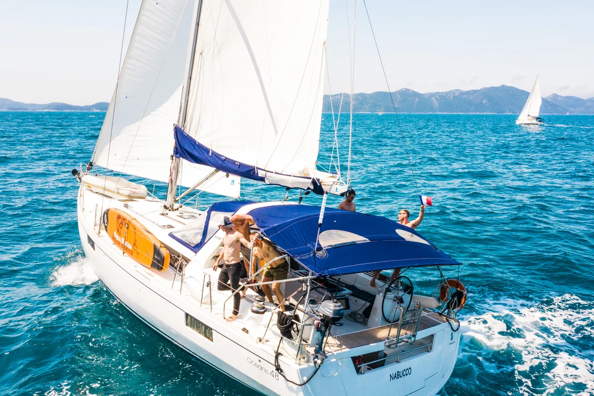 Exterior view of Nabucco: Aft cabin #1 (Cabin Chrter - 2 pax) Fully Crewed, ALL EXPENSES, a Beneteau Oceanis 48 sailboat at…