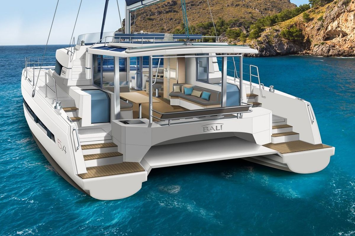 Exterior view of Kos 54.Cat, a Bali 5.4 catamaran at Municipal Unit of Lefkada, Greece