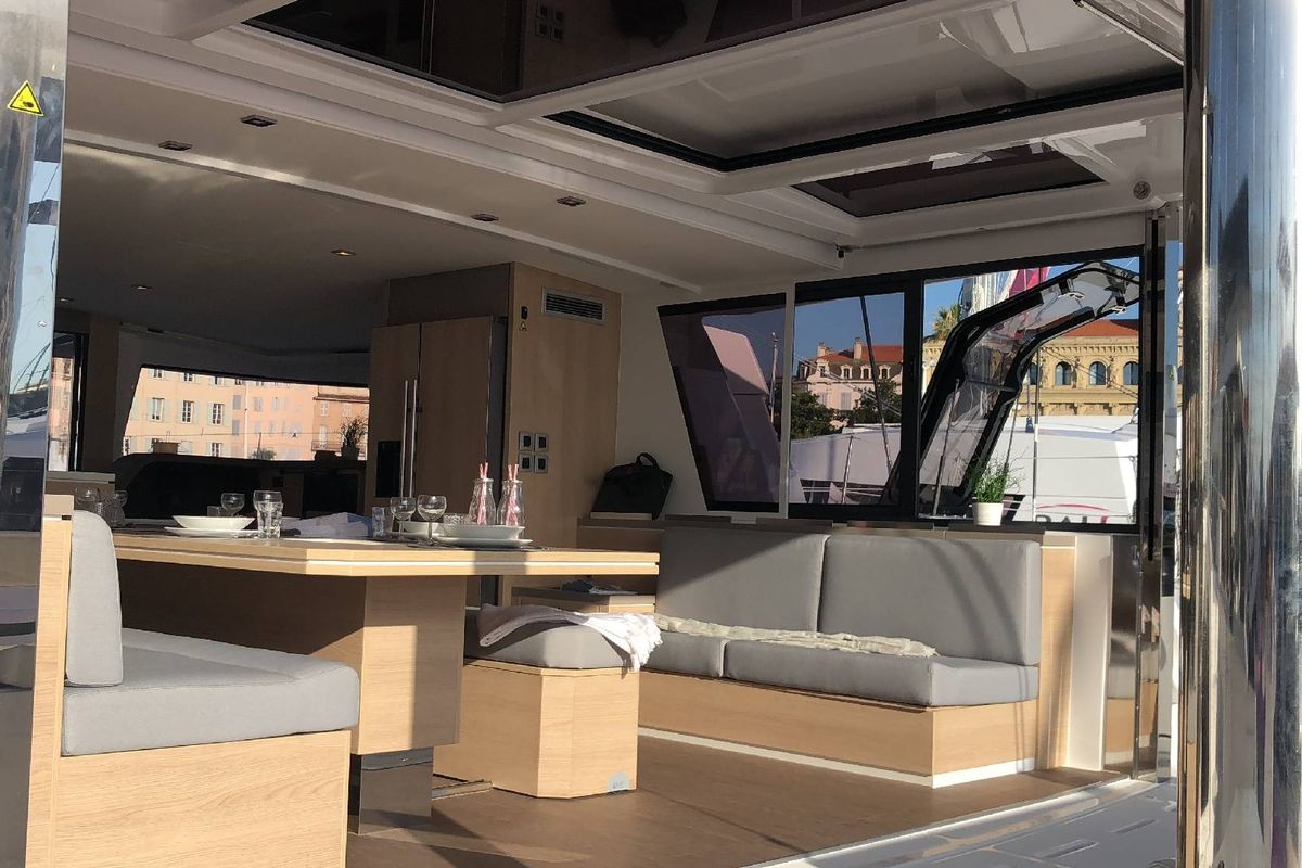 Salon of Kos 54.Cat, a Bali 5.4 catamaran at Municipal Unit of Lefkada, Greece