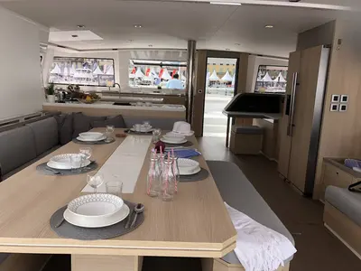 Salon of Kos 54.Cat, a Bali 5.4 catamaran at Municipal Unit of Lefkada, Greece