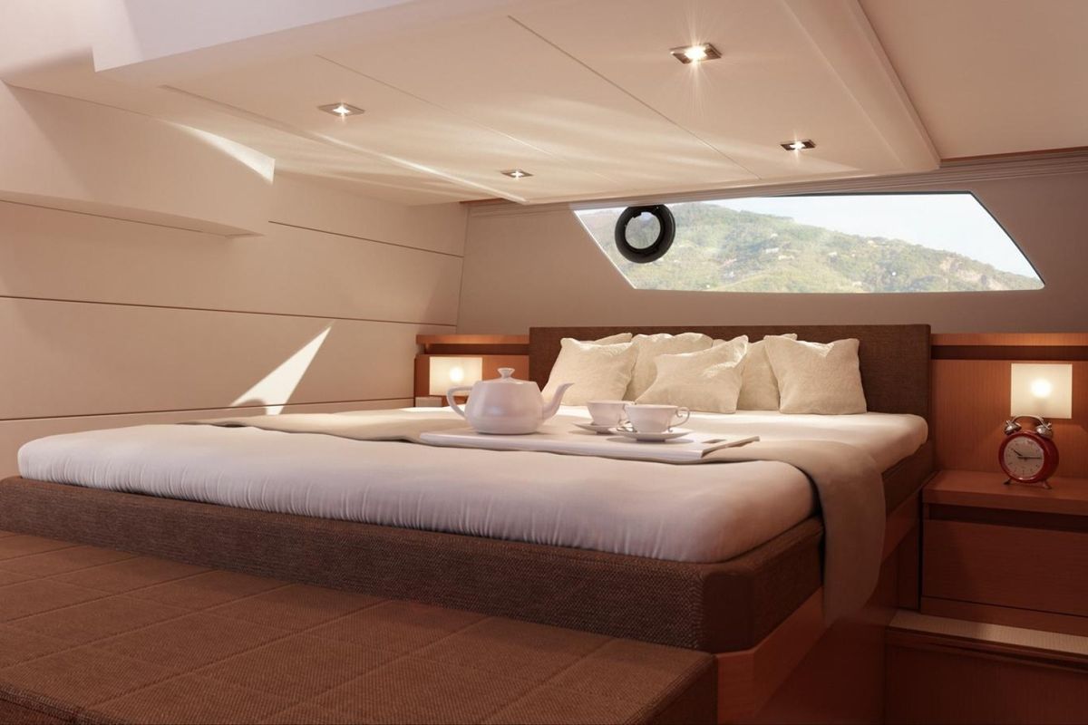Cabin on Beni, a Prestige 450 motorboat at Giardini Naxos, Italy