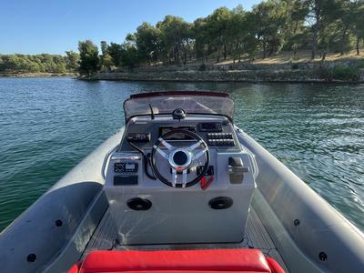 Cockpit of Adrenalina, a Lomac 750 motorboat at Grad Šibenik, Croatia