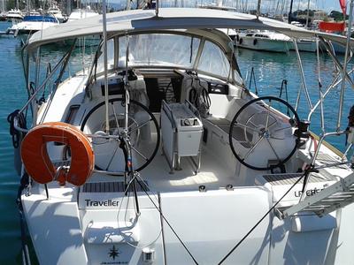 Cockpit of Traveller, a Jeanneau Sun Odyssey 409 sailboat at Kontokali, Greece