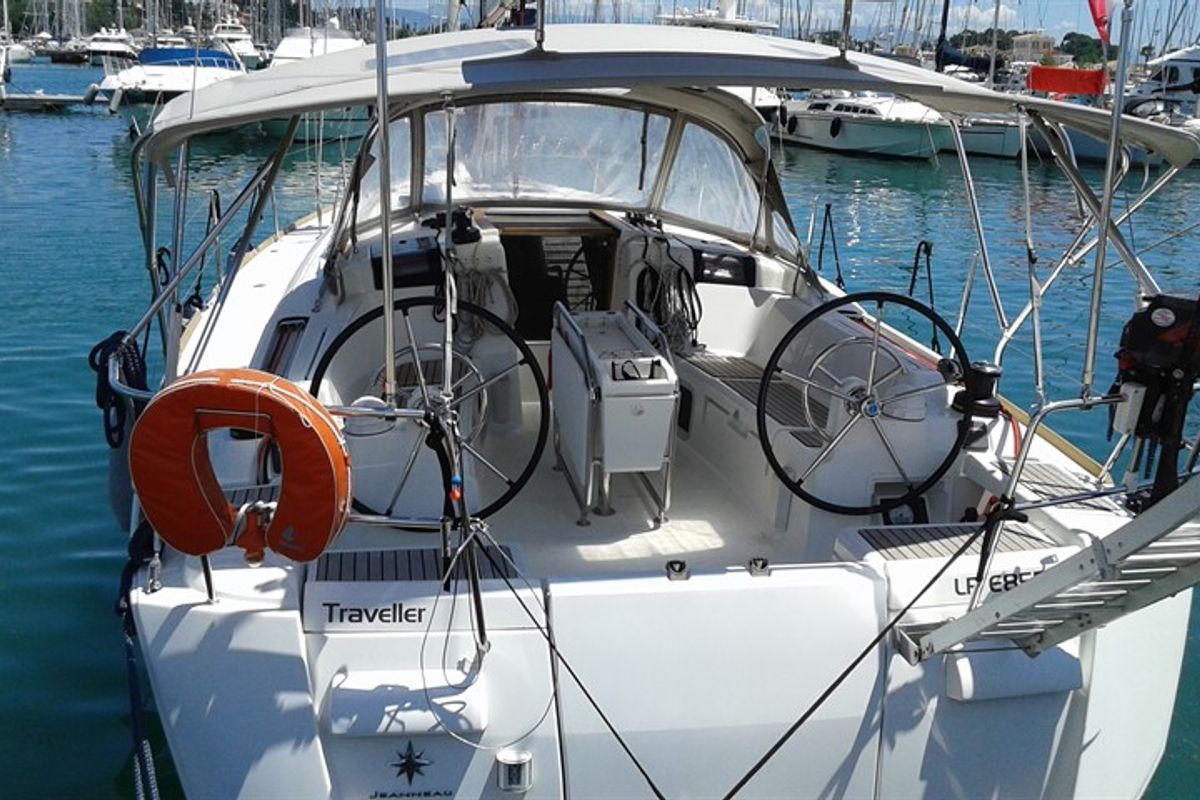 Cockpit of Traveller, a Jeanneau Sun Odyssey 409 sailboat at Kontokali, Greece