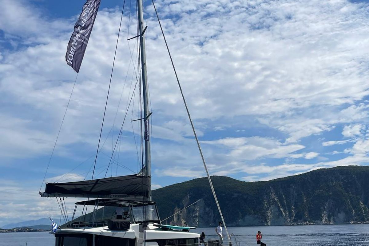 Exterior view of Blue Velvet, a Lagoon 52 F catamaran at Municipal Unit of Lefkada, Greece