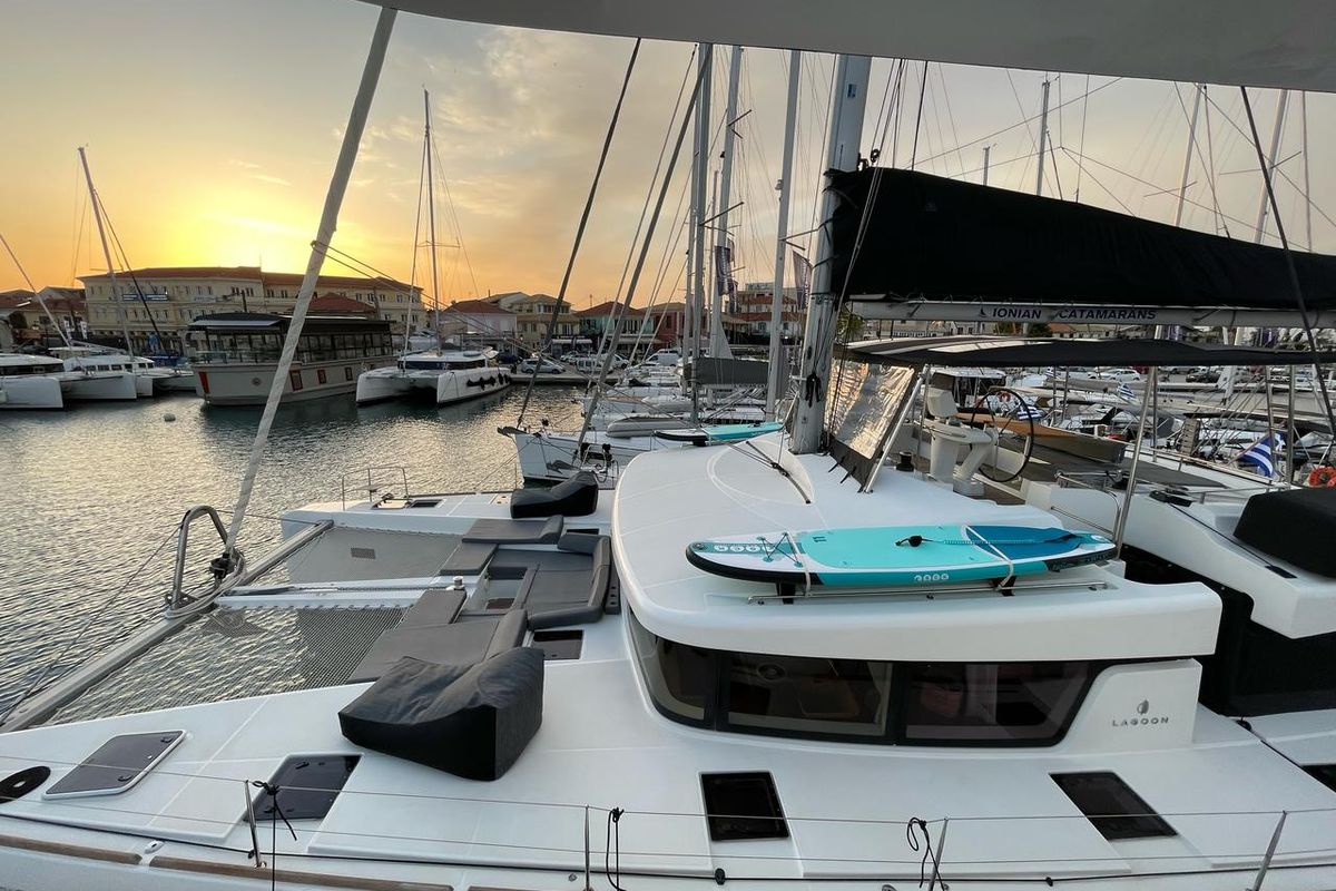 Deck of Blue Velvet, a Lagoon 52 F catamaran at Municipal Unit of Lefkada, Greece