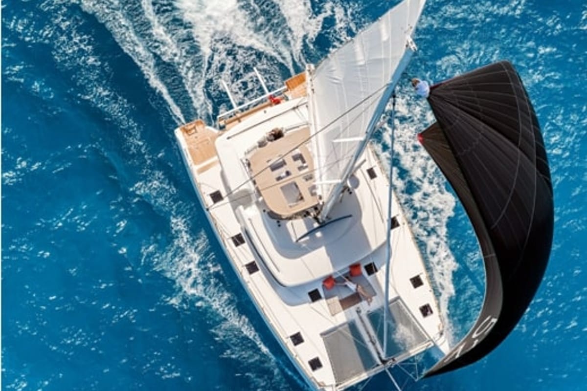 Exterior view of Blue Velvet, a Lagoon 52 F catamaran at Municipal Unit of Lefkada, Greece