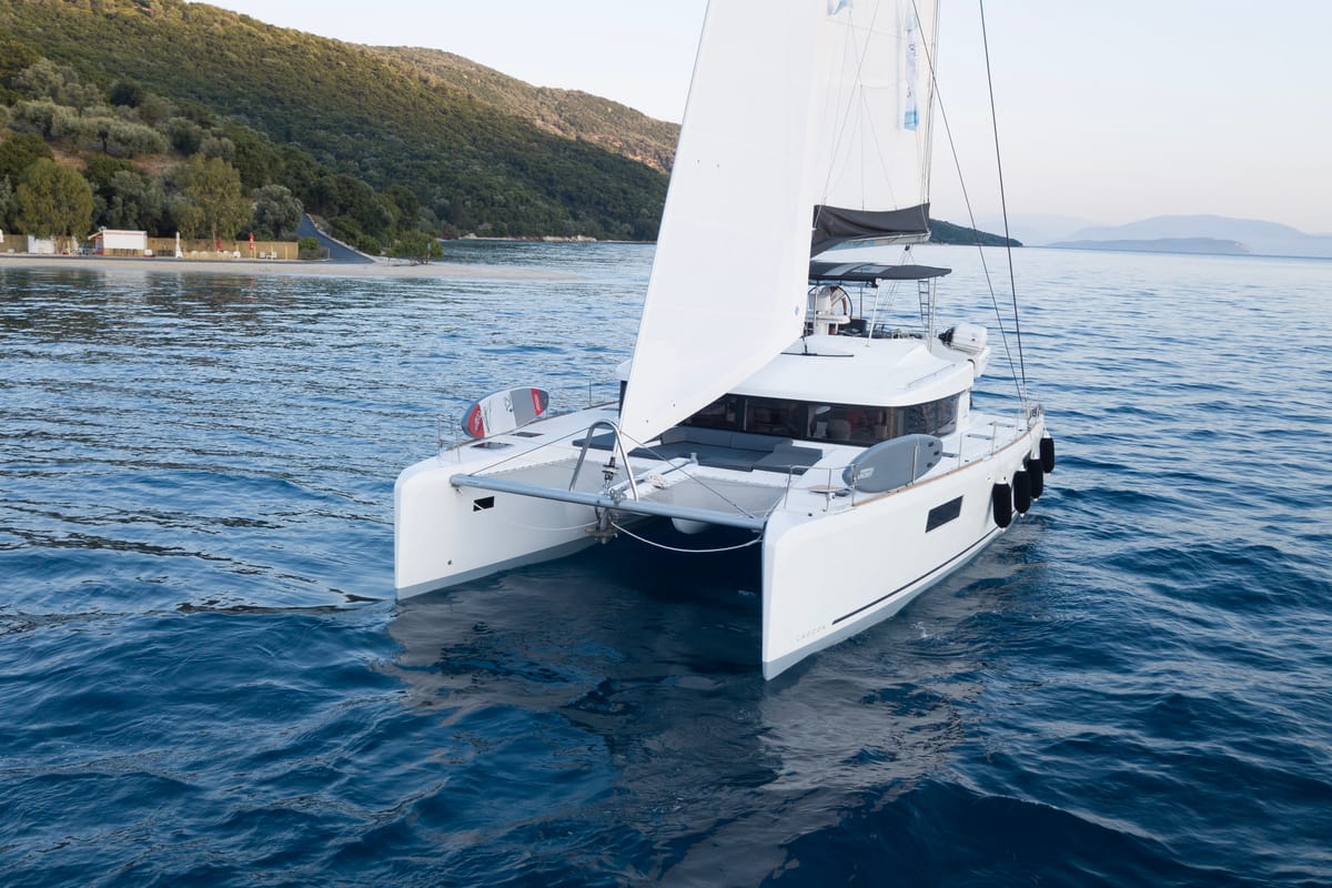 Exterior view of Blue Velvet, a Lagoon 52 F catamaran at Municipal Unit of Lefkada, Greece