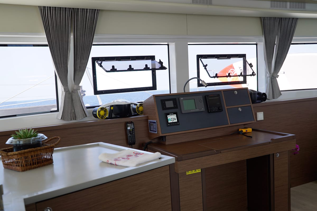 Cockpit of Blue Velvet, a Lagoon 52 F catamaran at Municipal Unit of Lefkada, Greece
