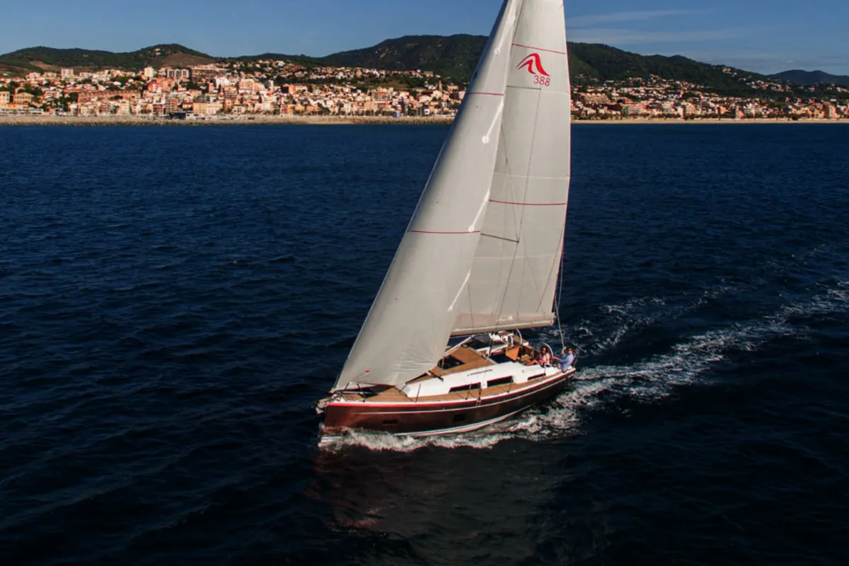 Exterior view of Sunny Day, a Hanse Yachts Hanse 388 sailboat at Grad Kaštela, Croatia