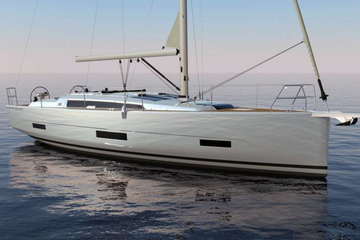 Exterior view of INO, a Dufour 390 Grand Large sailboat at Athens, Greece