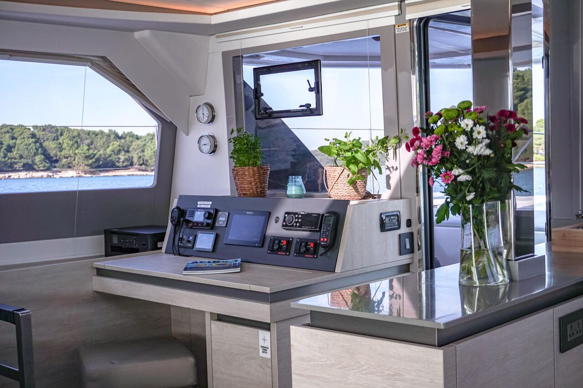 Cockpit of Solaia, a Leopard 50 catamaran at Općina Sukošan, Croatia