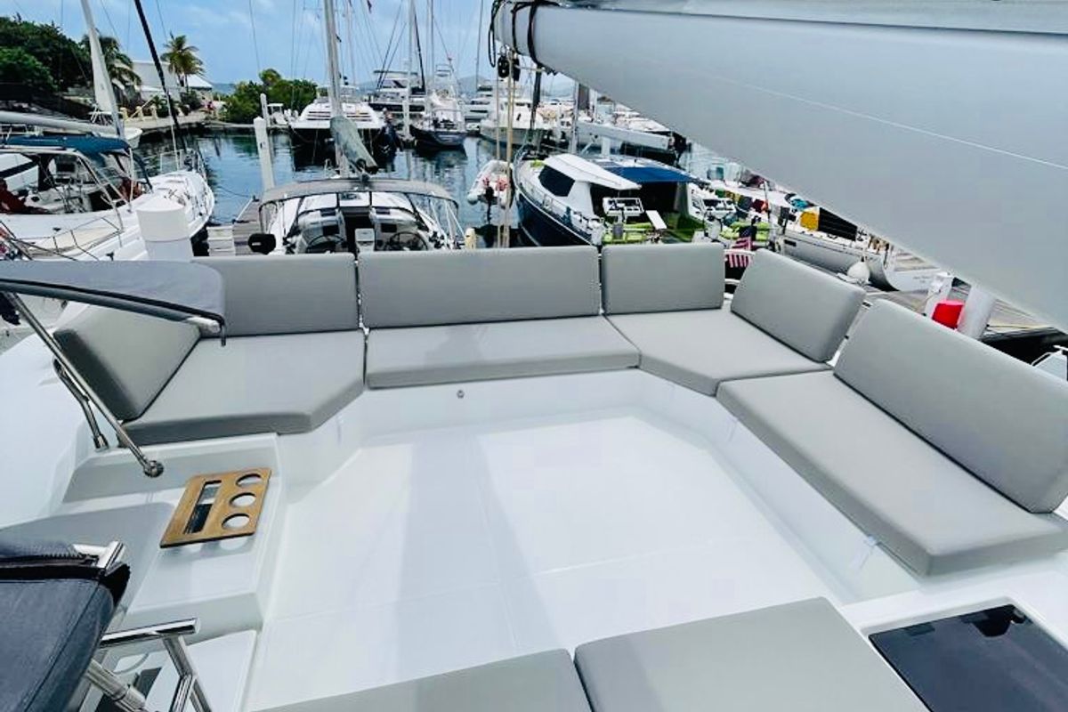 Deck of Pau Hana II, a Fountaine Pajot Elba 45 catamaran at Road Town, British Virgin Islands