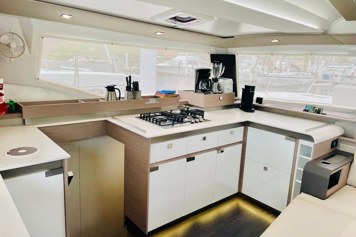 Galley of Pau Hana II, a Fountaine Pajot Elba 45 catamaran at Road Town, British Virgin Islands