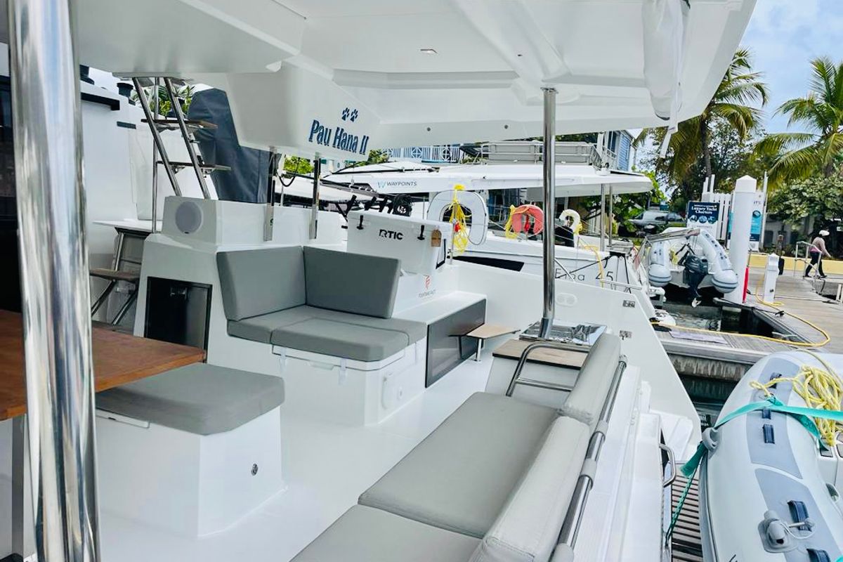 Deck of Pau Hana II, a Fountaine Pajot Elba 45 catamaran at Road Town, British Virgin Islands