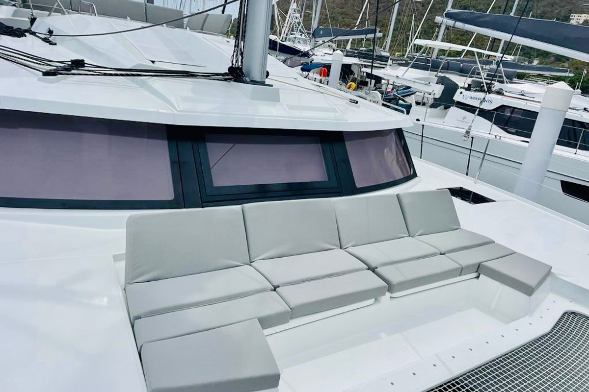 Deck of Pau Hana II, a Fountaine Pajot Elba 45 catamaran at Road Town, British Virgin Islands