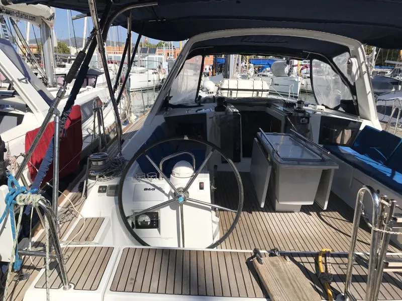 Cockpit of Alboran XXXIV Nini (Majorca), a Beneteau Oceanis 45 sailboat at es Jonquet, Spain