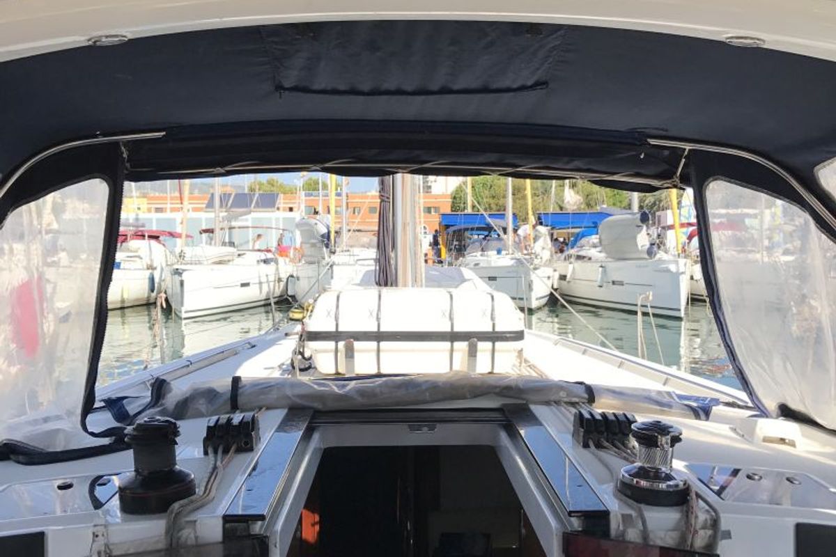 Deck of Alboran XXXIV Nini (Majorca), a Beneteau Oceanis 45 sailboat at es Jonquet, Spain