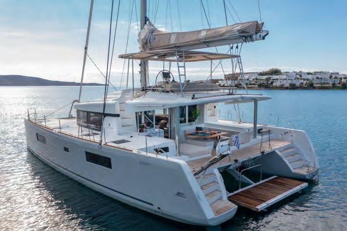 Exterior view of MADININA, a Lagoon 52F catamaran at Lavreotiki Municipal Unit, Greece