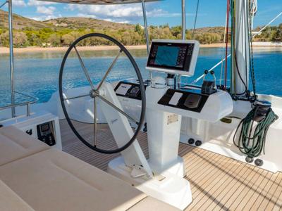 Cockpit of MADININA, a Lagoon 52F catamaran at Lavreotiki Municipal Unit, Greece