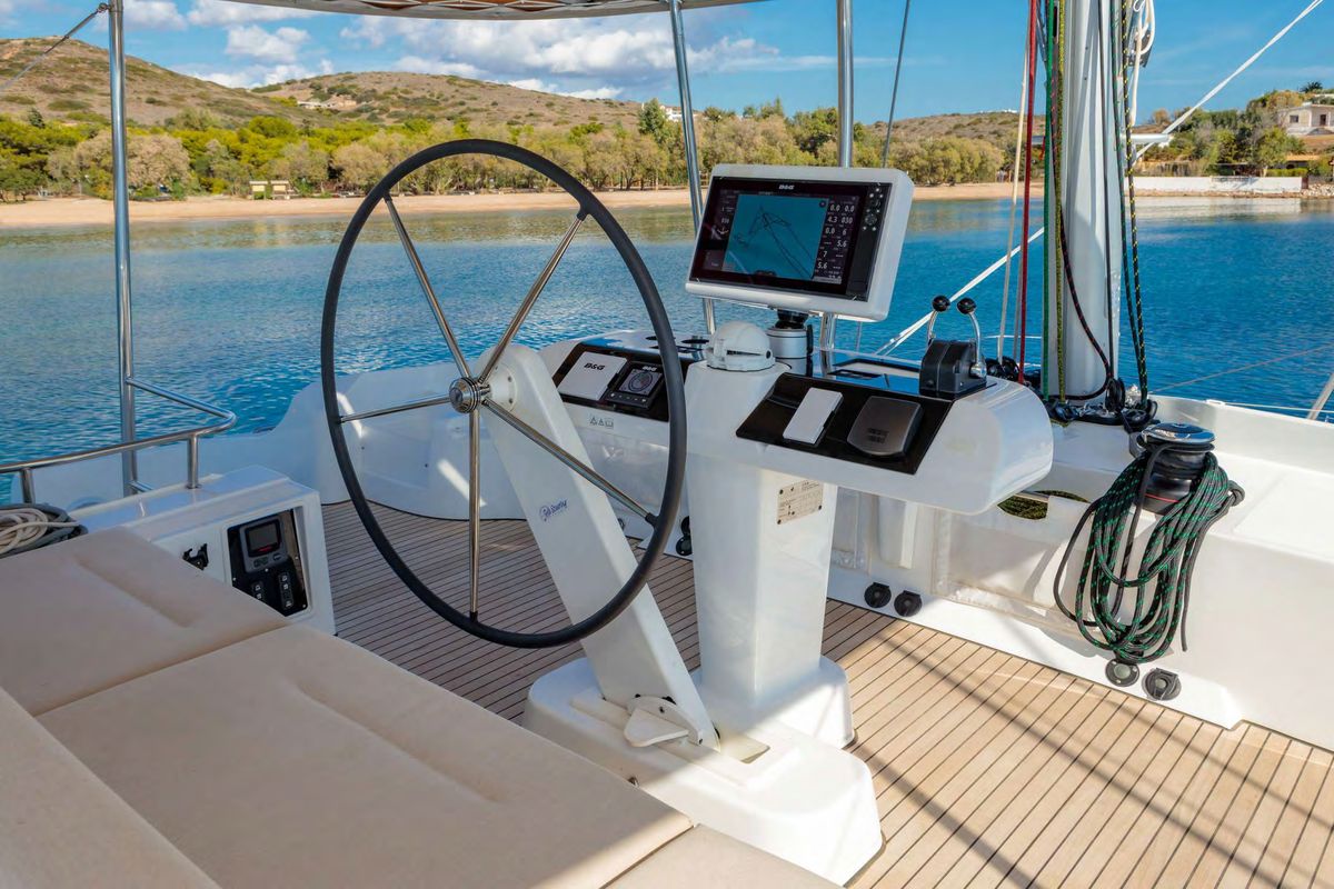 Cockpit of MADININA, a Lagoon 52F catamaran at Lavreotiki Municipal Unit, Greece