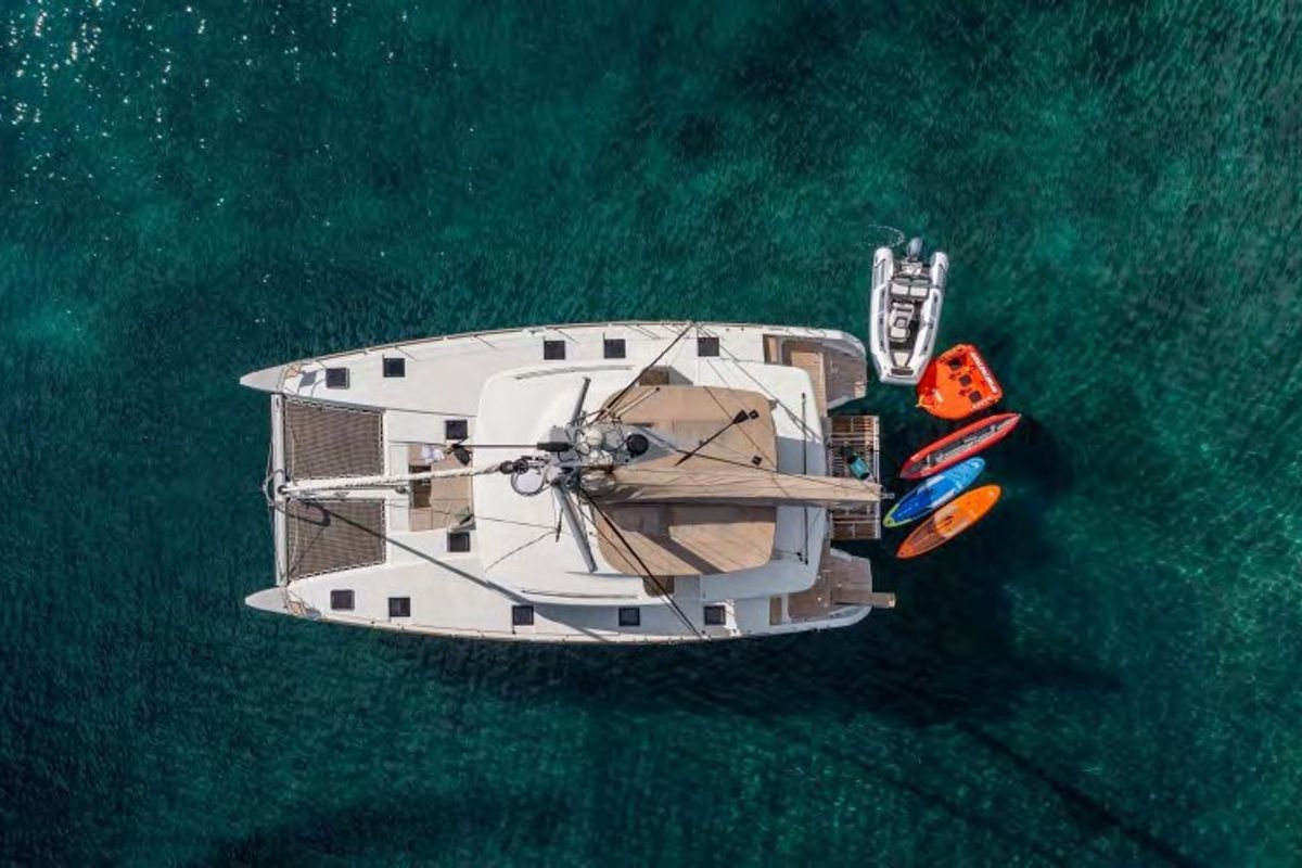 Exterior view of MADININA, a Lagoon 52F catamaran at Lavreotiki Municipal Unit, Greece